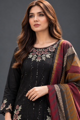 Midnight Black embroidered Dhanak suit floral neckline detail