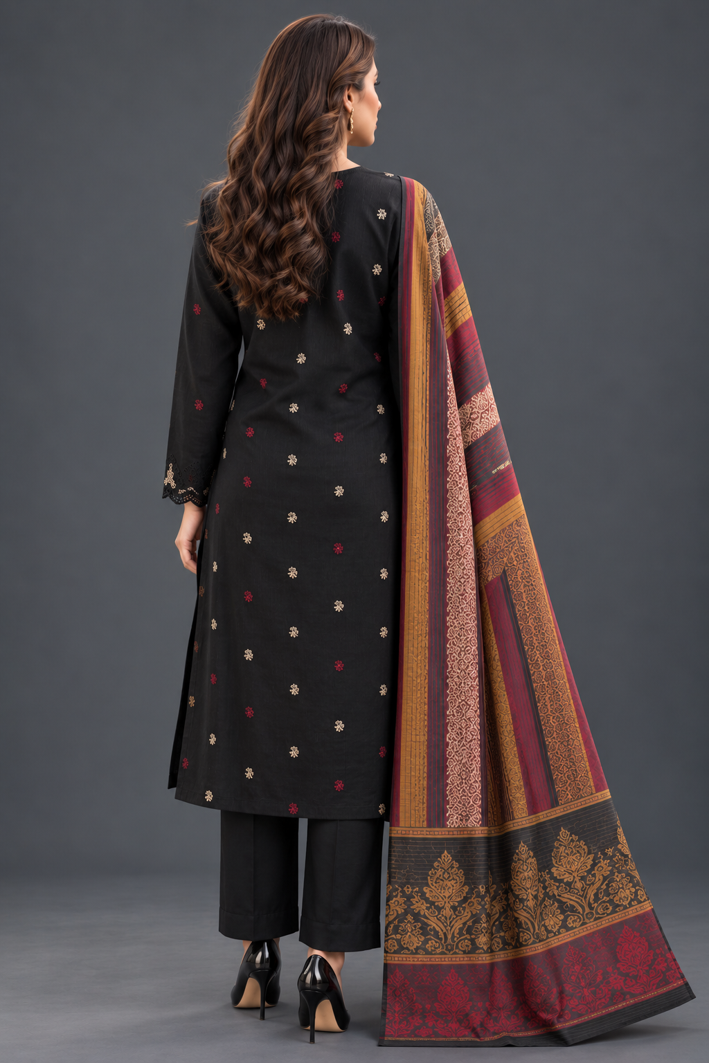 Midnight Black 3 Piece Unstitched Dhanak Suit with Warm Multani Shawl back view