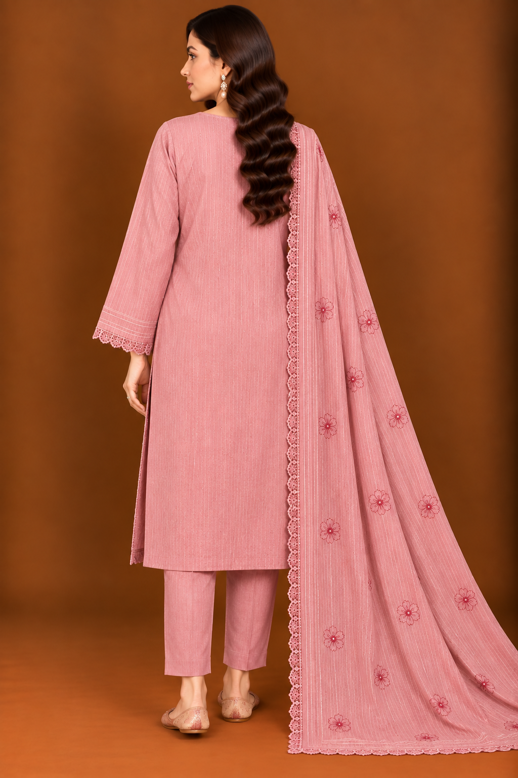 Dusty rose pink 3 piece lawn suit back design with embroidered dupatta