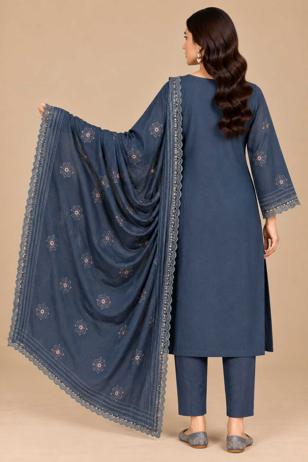 Midnight blue 3 piece unstitched lawn suit simple back with embroidered dupatta