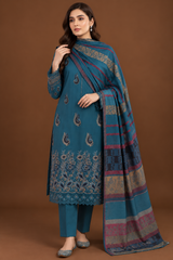 Teal blue 3 piece unstitched Dhanak embroidered suit