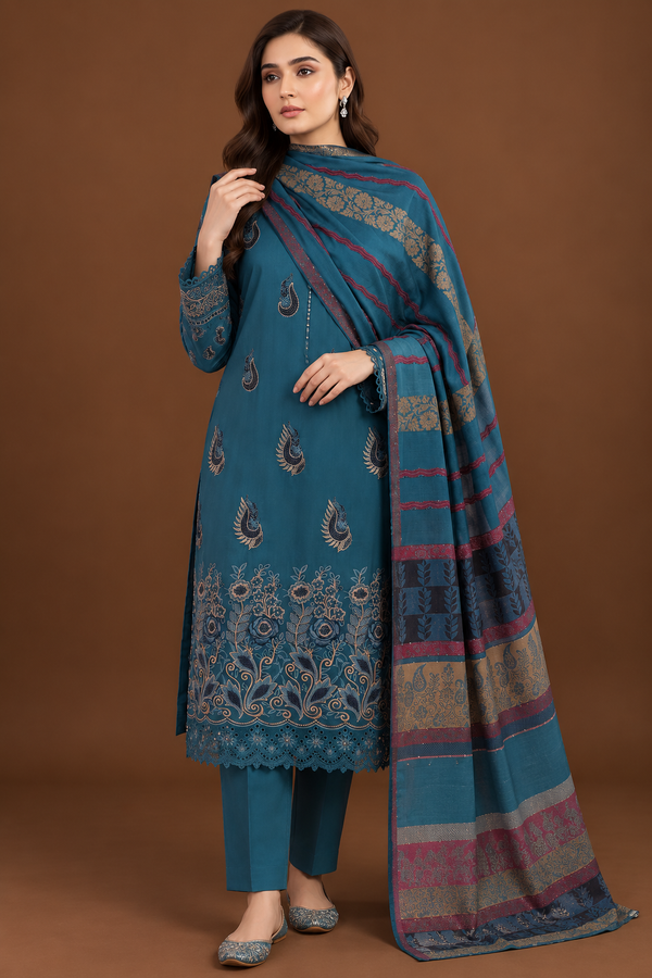 Premium Teal Blue 3-Piece Dhanak Embroidered Suit with Warm Multani Shawl