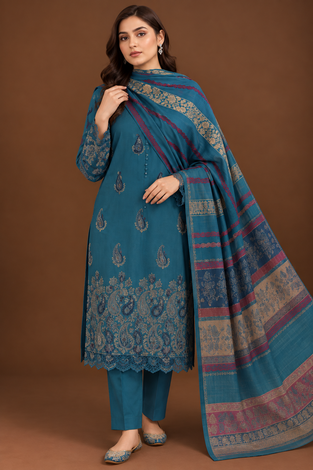 Premium Teal Blue 3-Piece Dhanak Embroidered Suit with Warm Multani Shawl