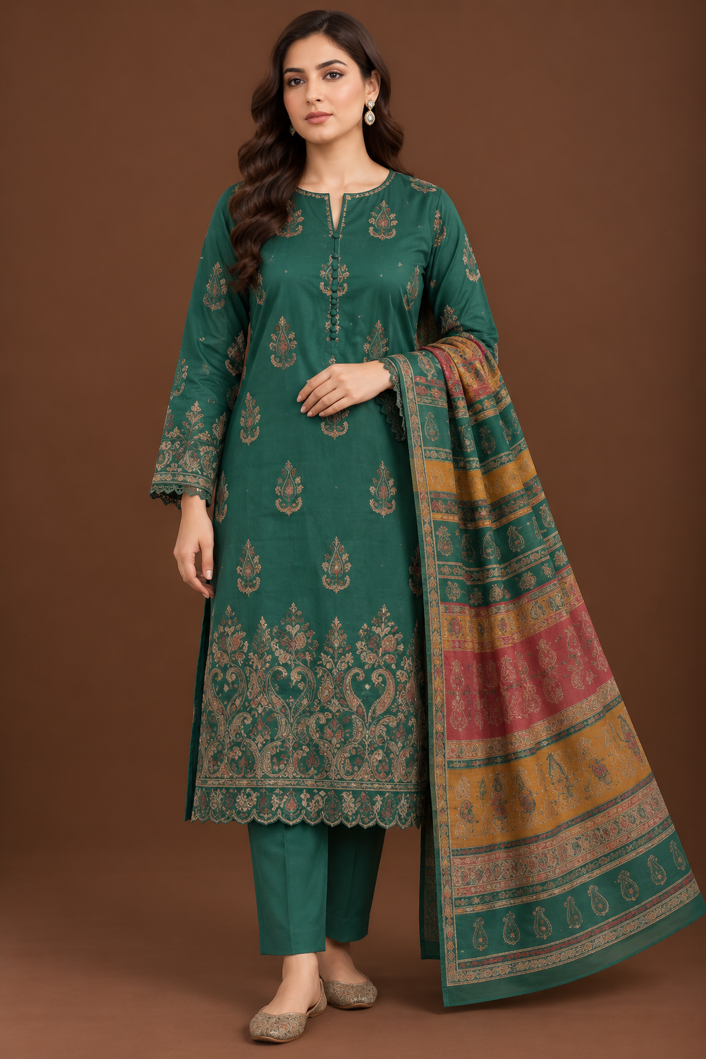 Premium Emerald Green 3-Piece Dhanak Embroidered Suit with Warm Multani Shawl