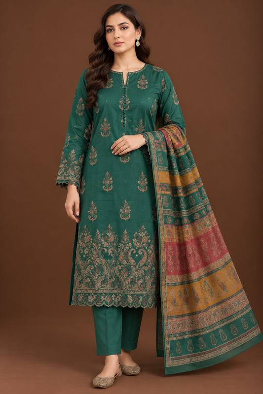 Premium Emerald Green 3-Piece Dhanak Embroidered Suit with Warm Multani Shawl