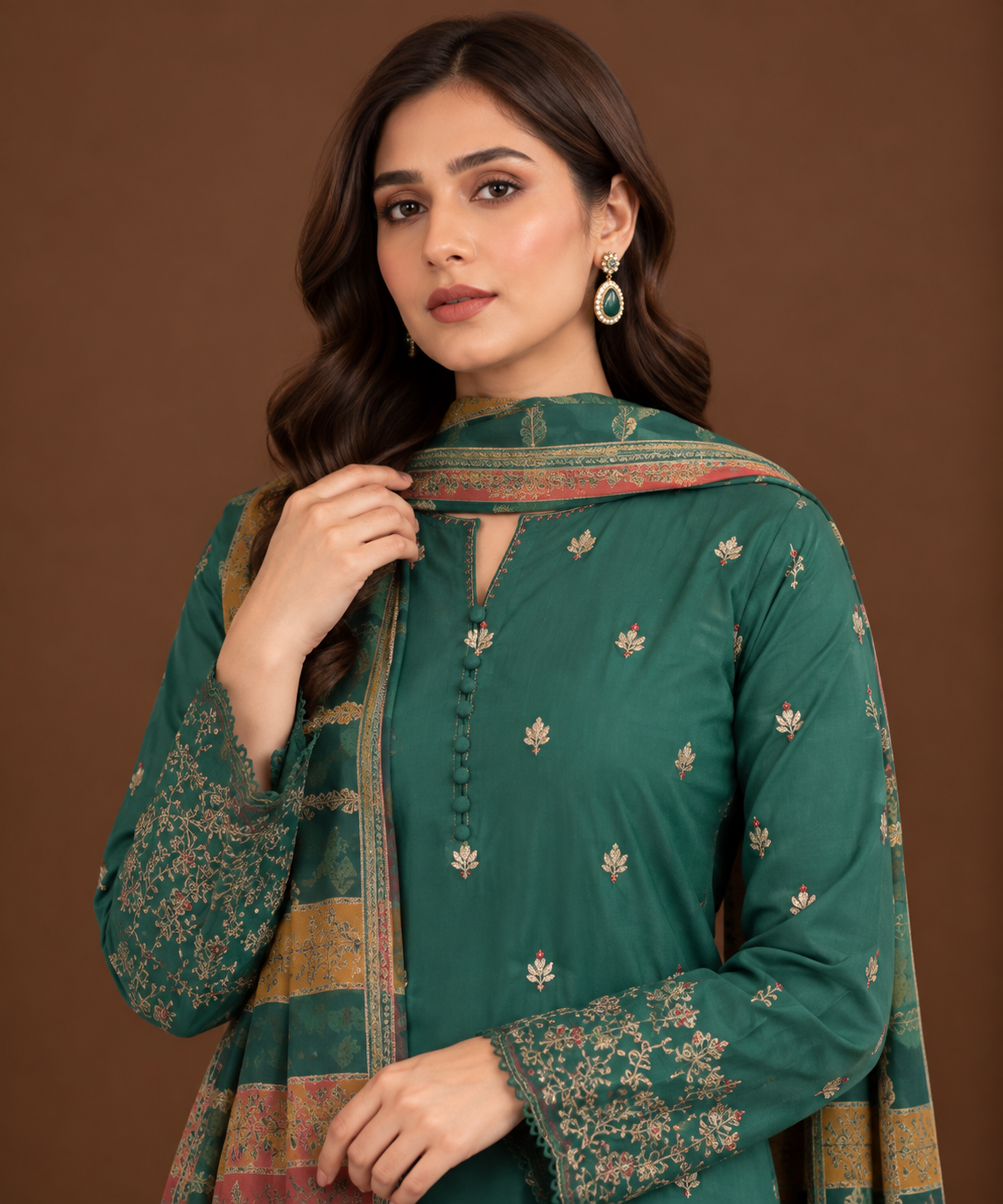Premium Emerald Green 3-Piece Dhanak Embroidered Suit with Warm Multani Shawl