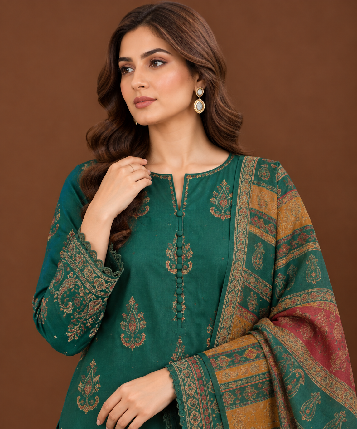 Emerald Green Embroidered 3 Piece Unstitched Dhanak Suit with Warm Multani Shawl