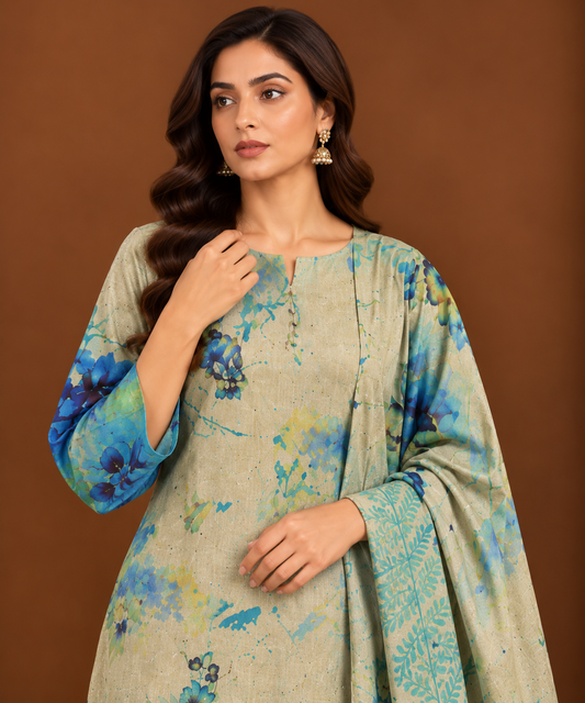 Aqua blue floral printed Pakistani lawn suit for women