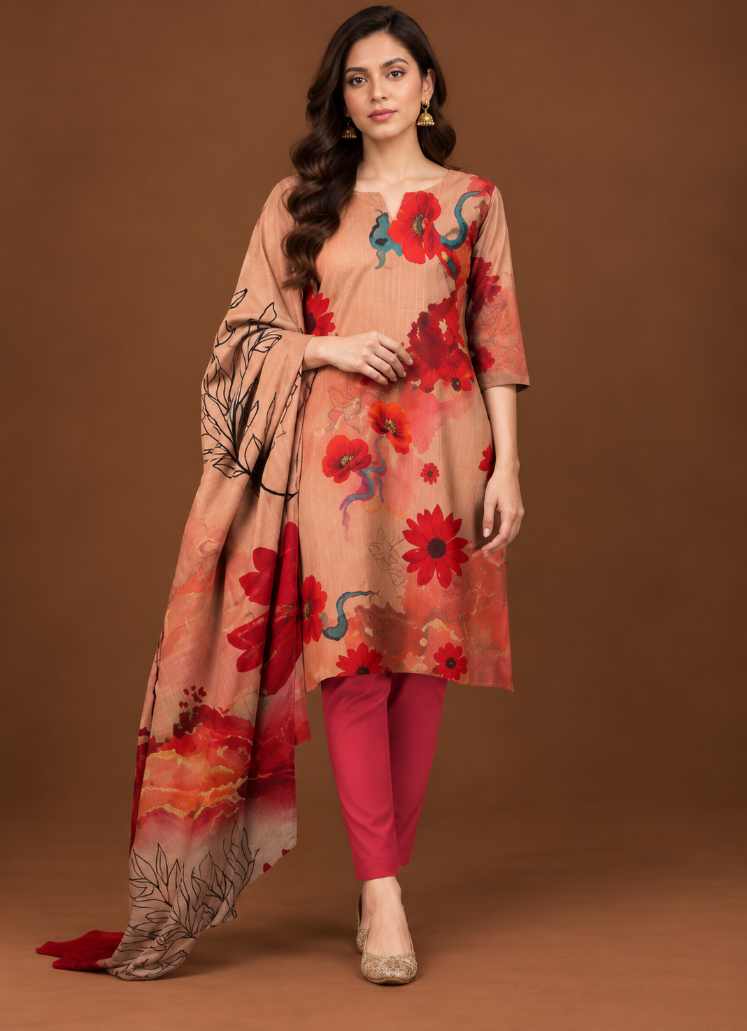 Coral red floral 3 piece unstitched printed lawn suit for women