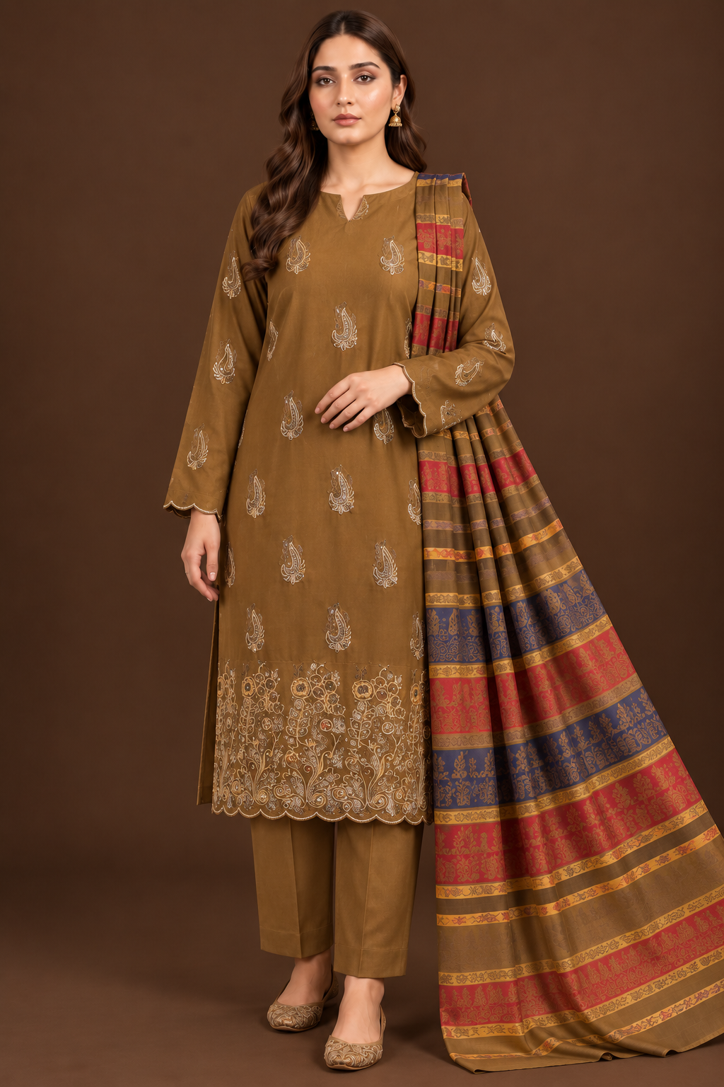 Premium Camel Brown 3-Piece Dhanak Embroidered Suit with Warm Multani Shawl
