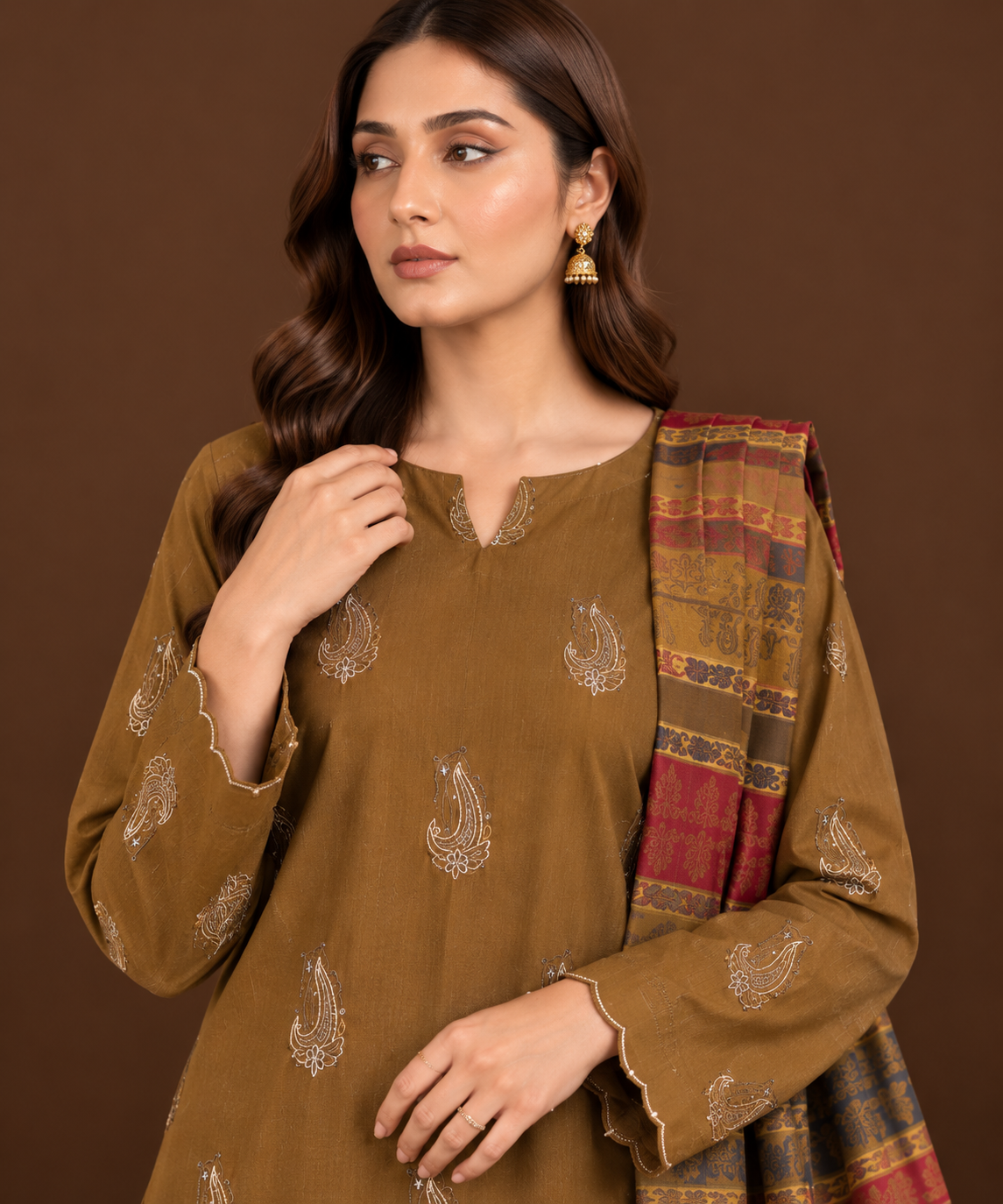 Premium Camel Brown 3-Piece Dhanak Embroidered Suit with Warm Multani Shawl