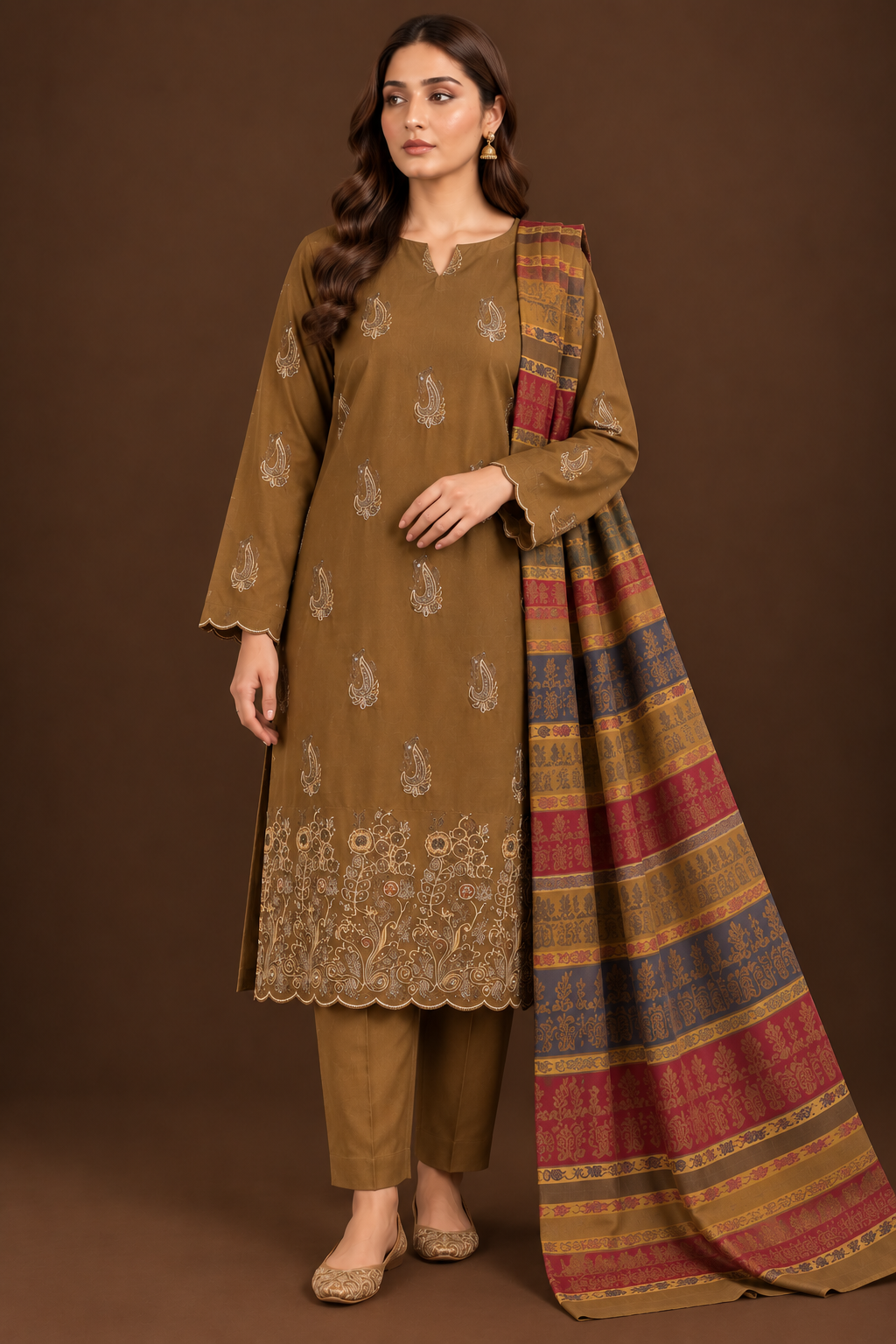 Premium Camel Brown 3-Piece Dhanak Embroidered Suit with Warm Multani Shawl