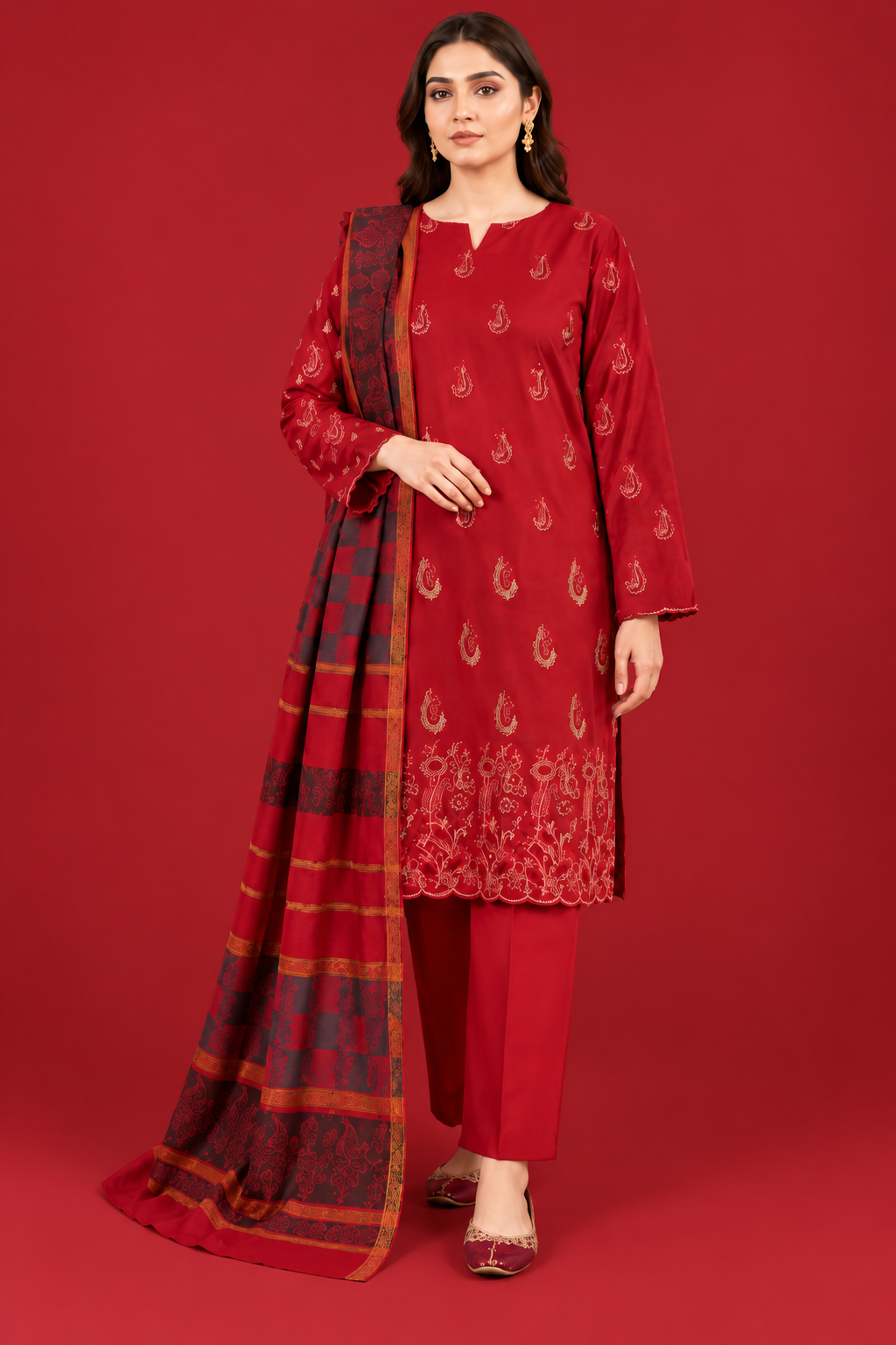 Premium Crimson Red 3-Piece Dhanak Embroidered Suit with Warm Multani Shawl