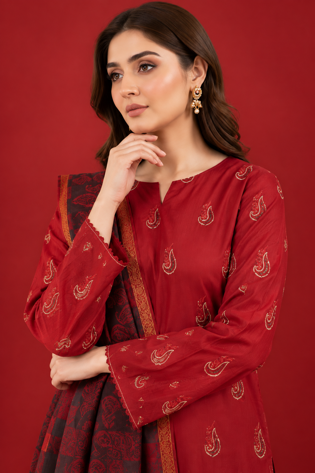 Premium Crimson Red 3-Piece Dhanak Embroidered Suit with Warm Multani Shawl