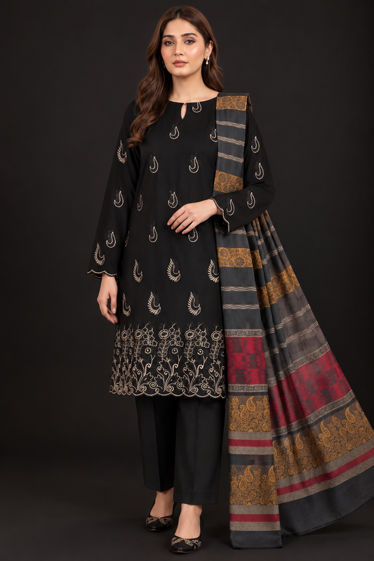 Premium Black 3-Piece Dhanak Embroidered Suit with Warm Multani Shawl