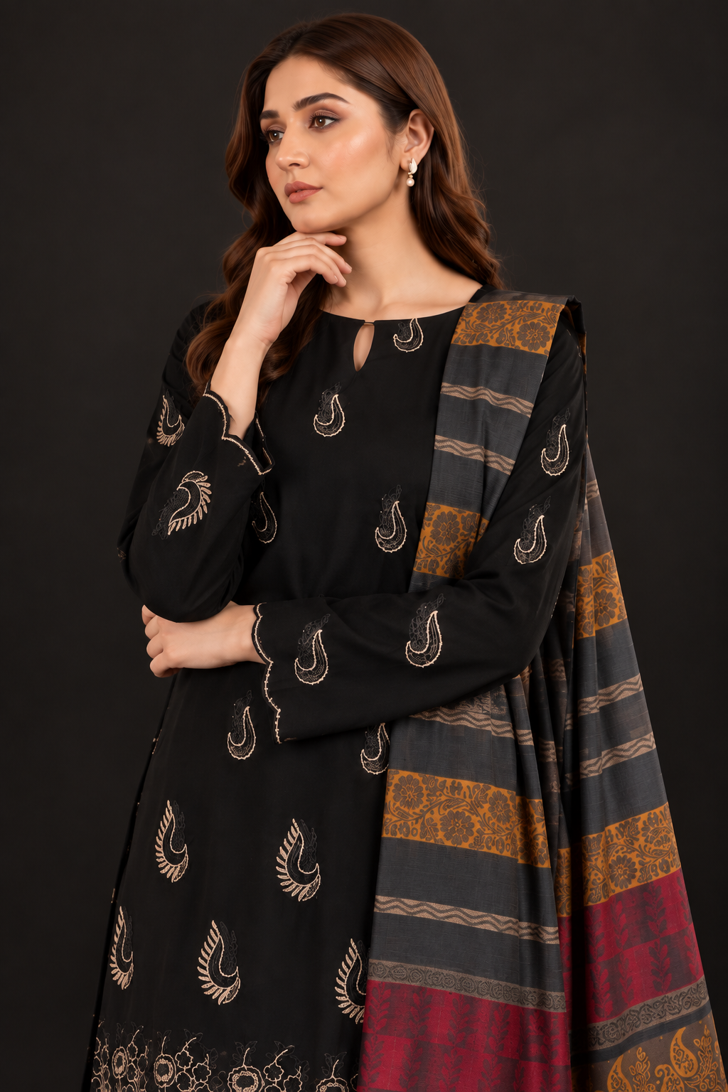 Premium Black 3-Piece Dhanak Embroidered Suit with Warm Multani Shawl
