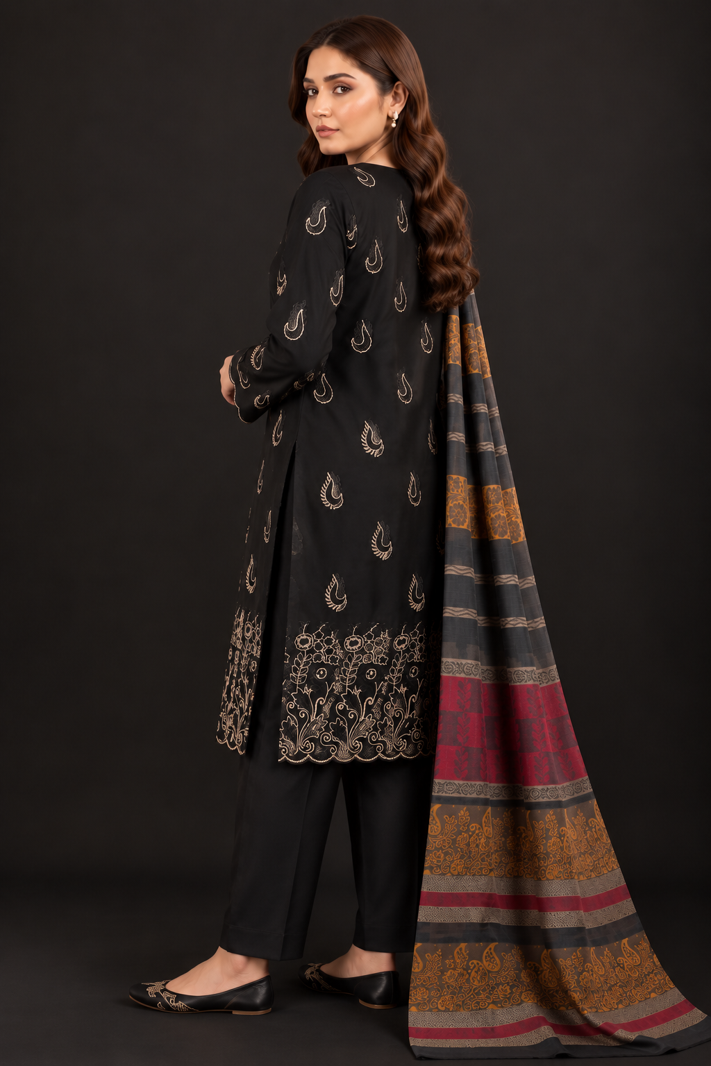 Premium Black 3-Piece Dhanak Embroidered Suit with Warm Multani Shawl