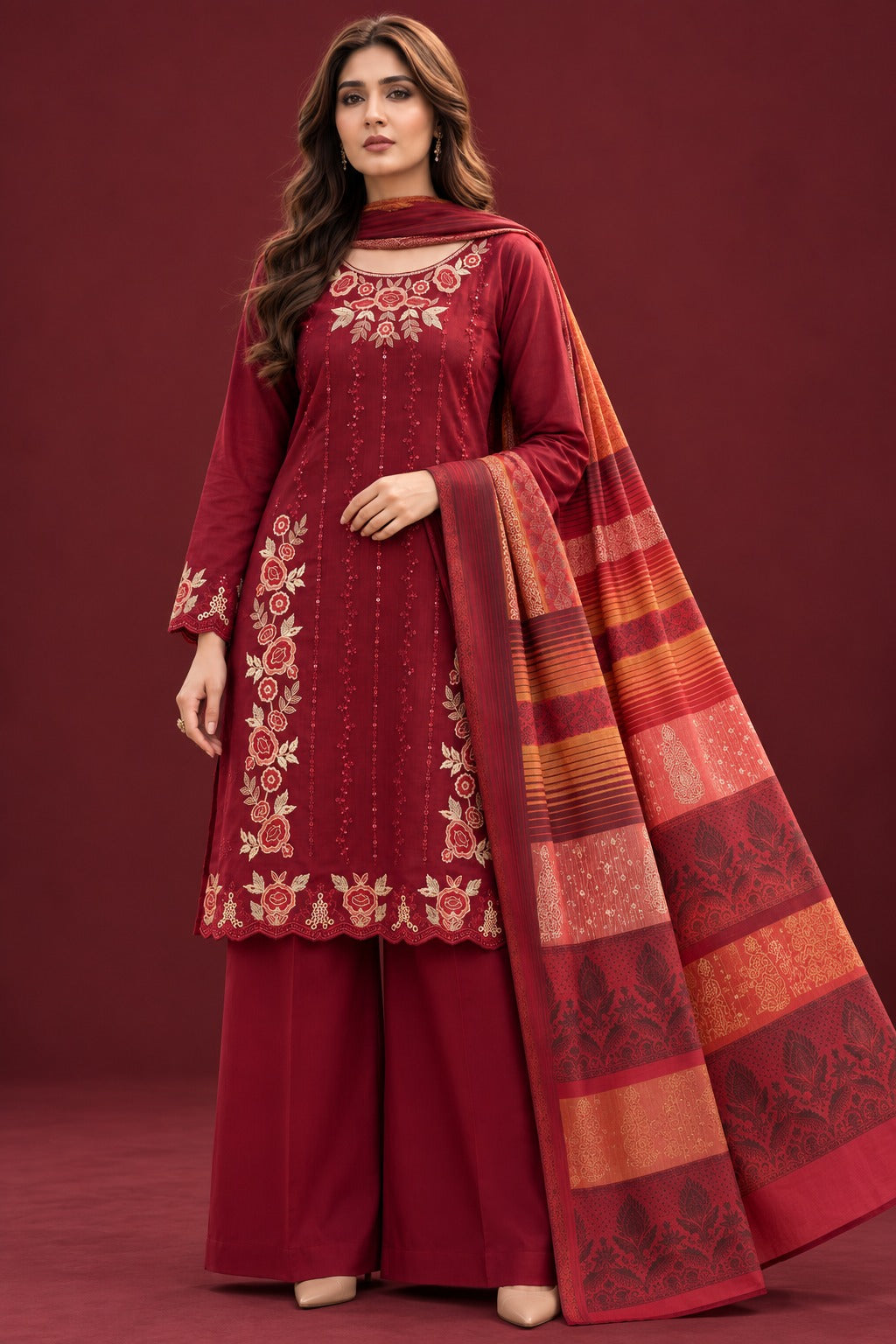 Deep Maroon Floral Embroidered 3 Piece Unstitched Dhanak Suit with Warm Multani Shawl front view