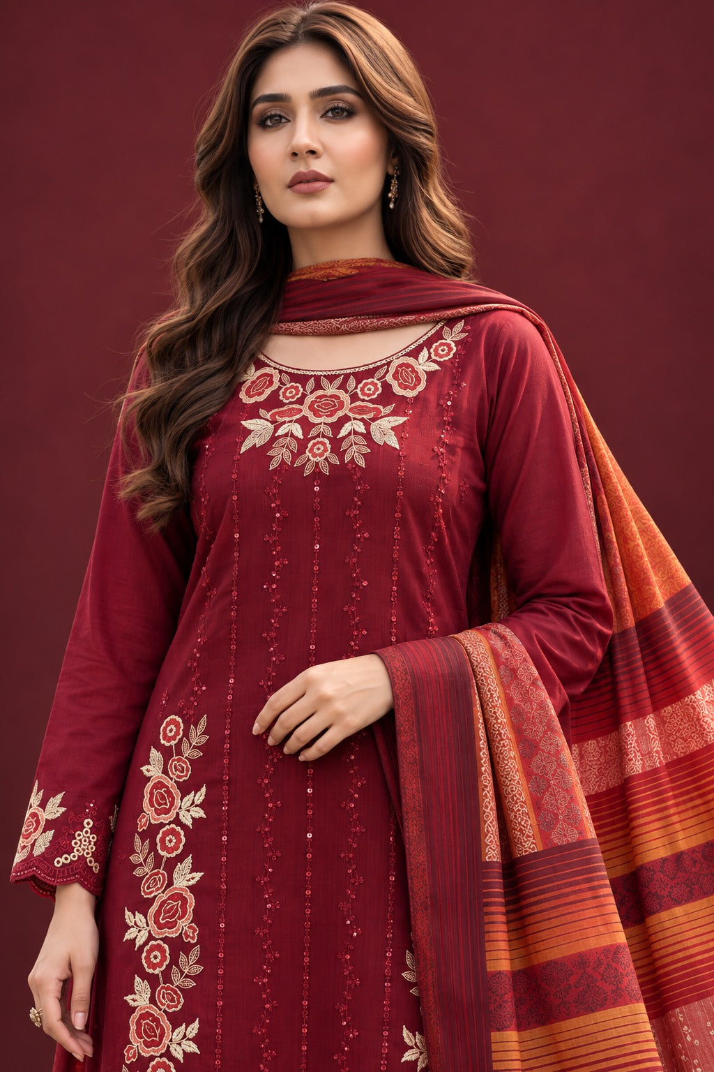 Deep Maroon embroidered Dhanak suit neckline detail with Warm Multani Shawl