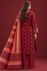 Back view of Deep Maroon 3 Piece Unstitched Dhanak Suit with Warm Multani Shawl