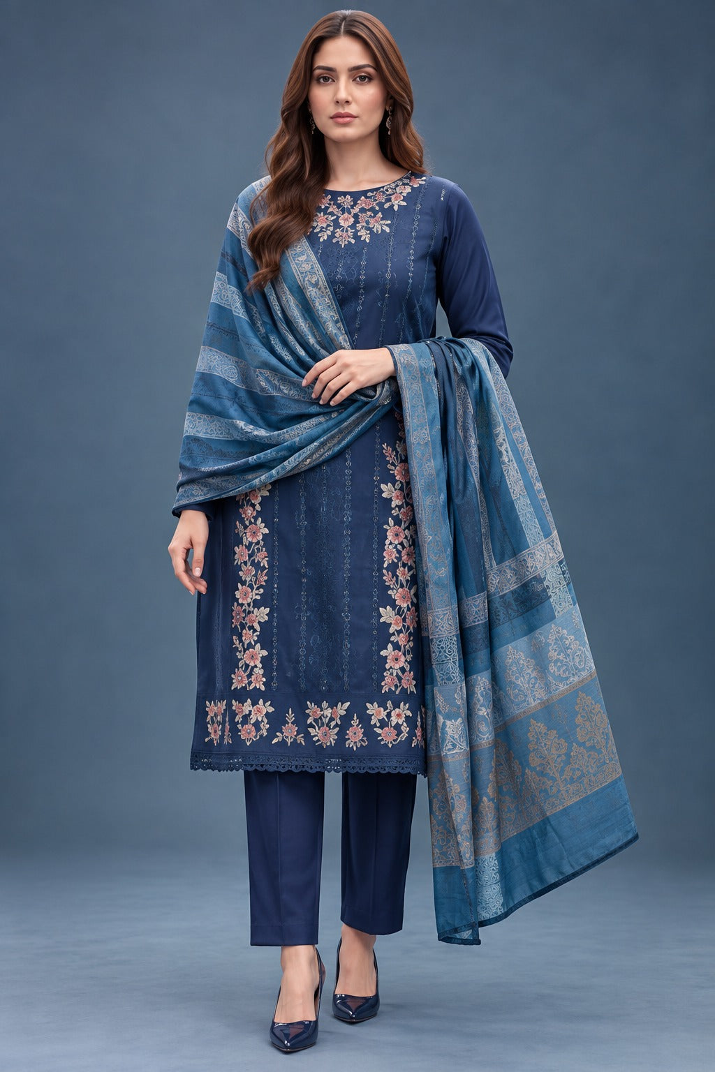 Navy blue floral embroidered 3 piece unstitched suit with printed shawl front view