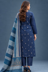 Back view of navy blue 3 piece unstitched suit with matching trouser and printed shawl