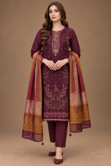 Deep plum embroidered 3 piece unstitched Dhanak suit with printed shawl front view