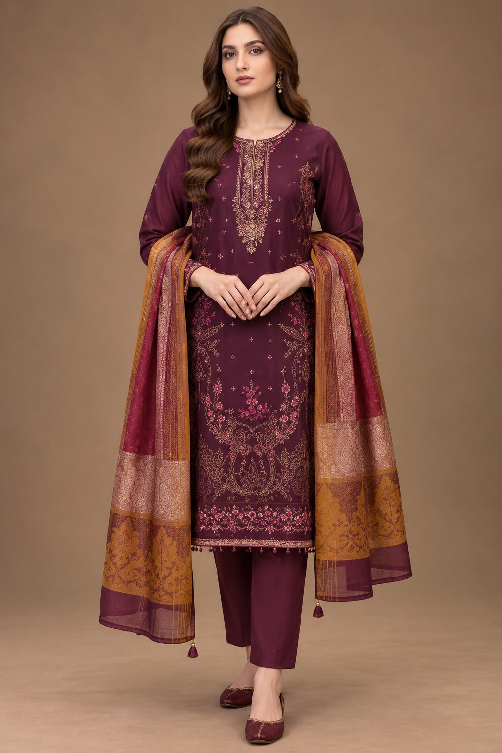 Deep plum embroidered 3 piece unstitched Dhanak suit with printed shawl front view