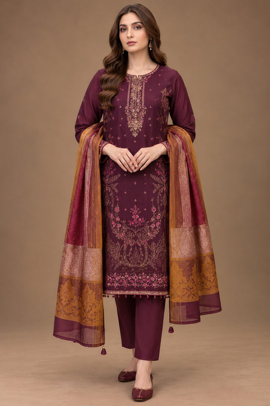Deep plum embroidered 3 piece unstitched Dhanak suit with printed shawl front view