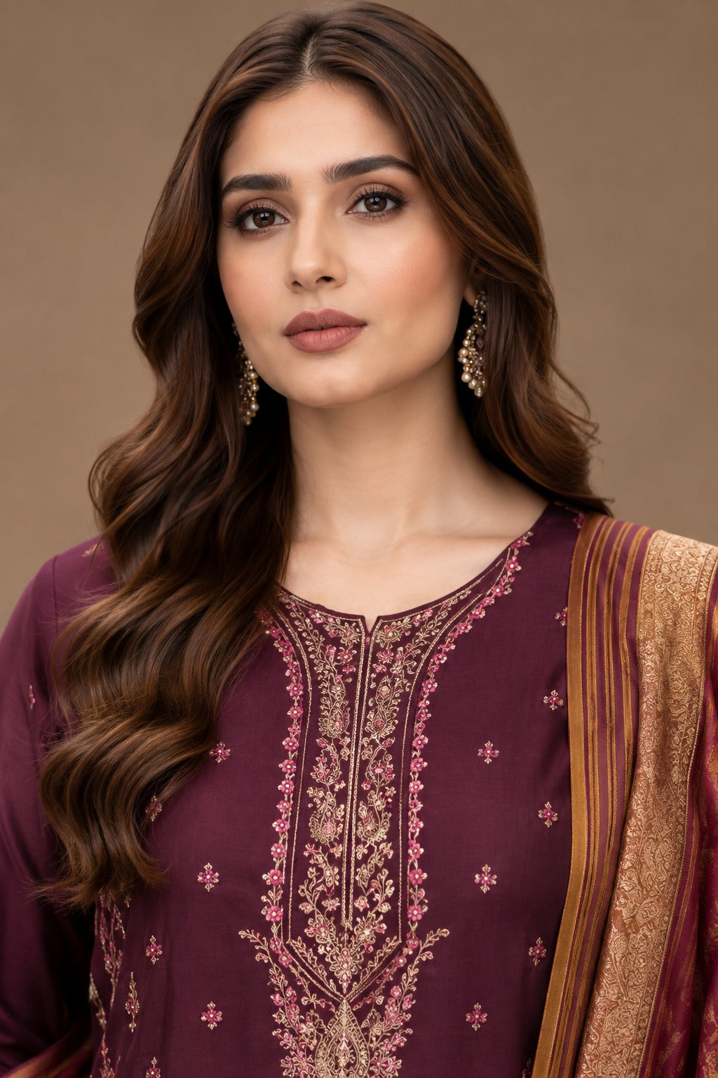 Close up of deep plum Dhanak suit with detailed gold and pink neckline embroidery