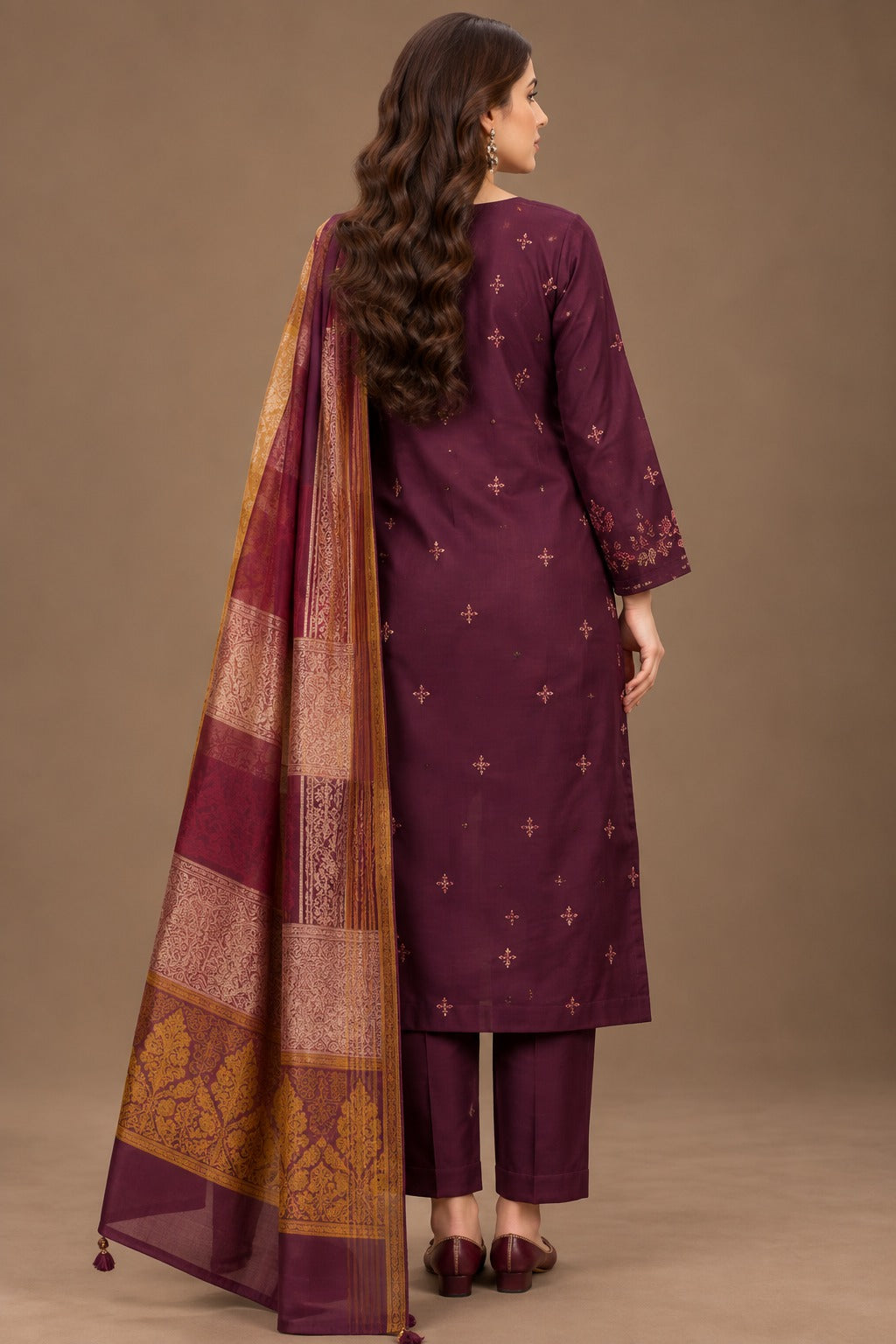 Back view of deep plum 3 piece unstitched Dhanak suit with printed shawl