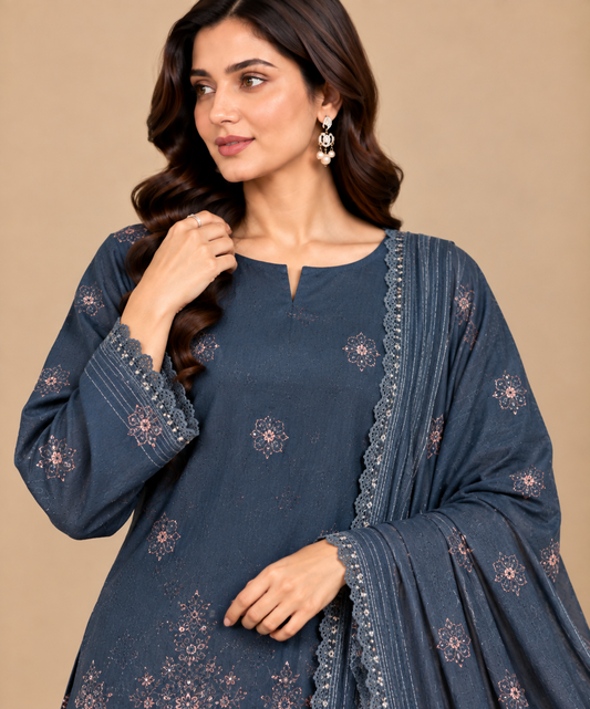 Midnight blue embroidered lawn suit floral embroidery close up