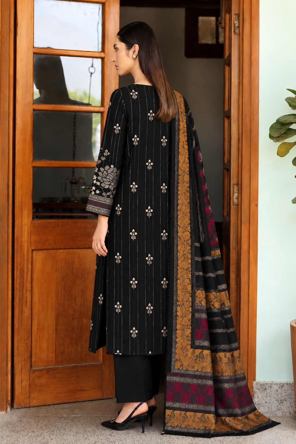 Black Dhanak 3 piece unstitched Pakistani suit front full length view with dupatta | Anaya Haram