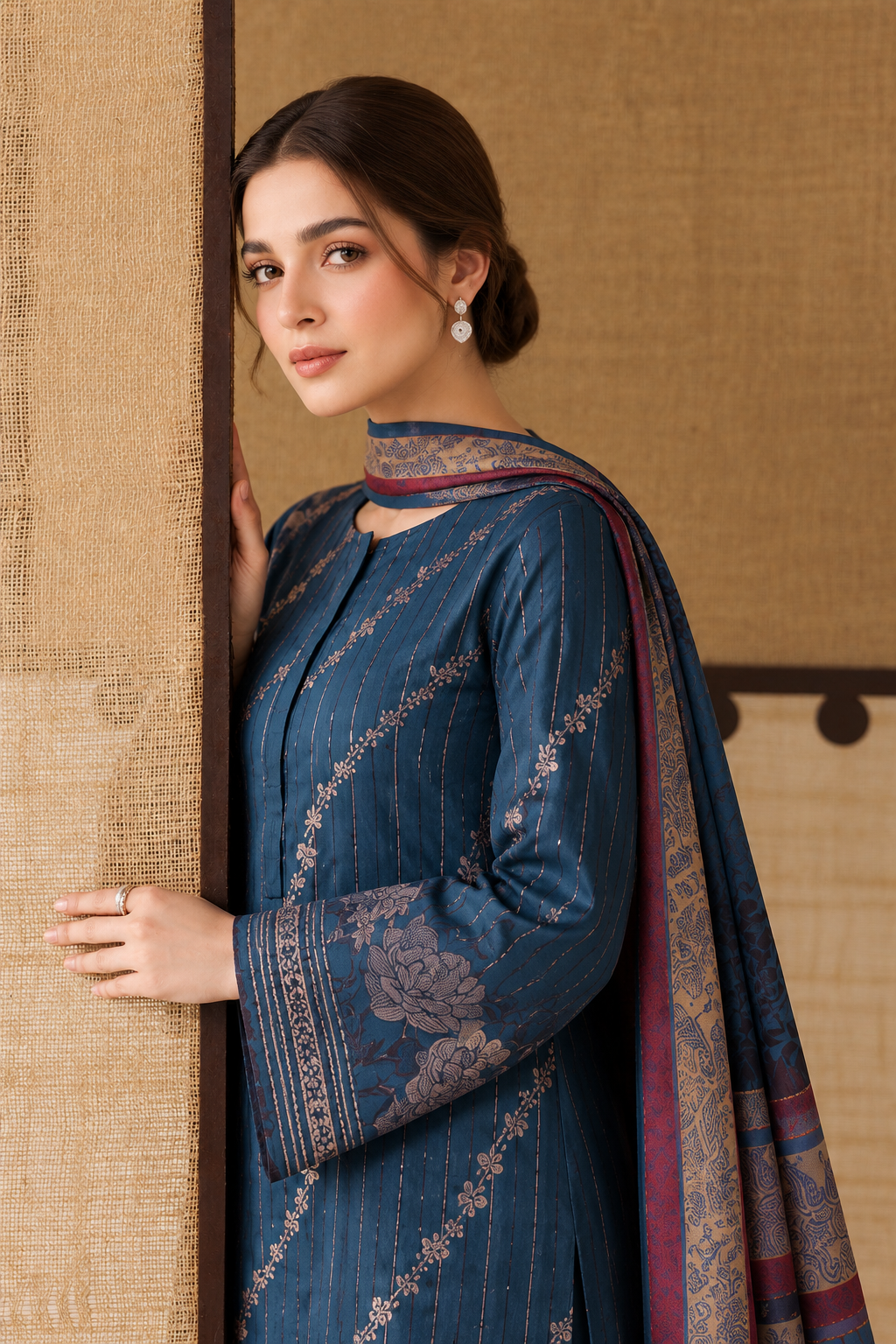 Navy Blue Dhanak 3 piece unstitched Pakistani suit close-up of shirt embroidery and sleeve details | Anaya Haram