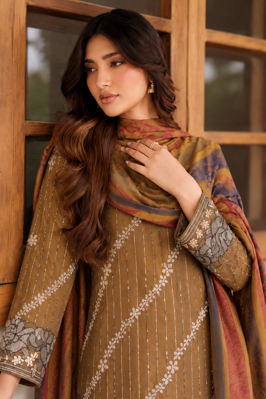 Olive Brown Dhanak 3 piece unstitched Pakistani suit back shirt design and dupatta | Anaya Haram