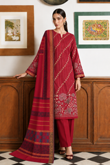 Olive Brown Dhanak 3 piece unstitched Pakistani suit close-up of shirt embroidery and sleeve details | Anaya Haram