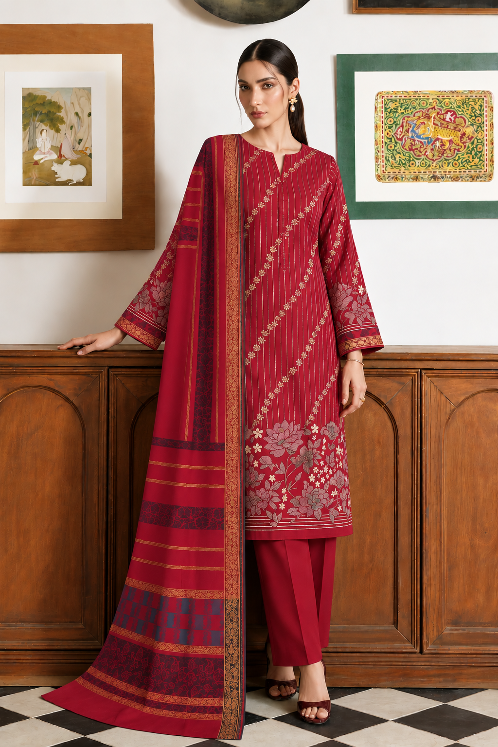 Olive Brown Dhanak 3 piece unstitched Pakistani suit close-up of shirt embroidery and sleeve details | Anaya Haram