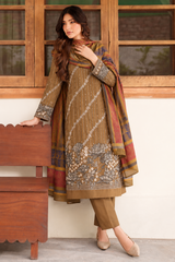 Olive Brown Dhanak 3 piece unstitched Pakistani suit front full length view with dupatta | Anaya Haram