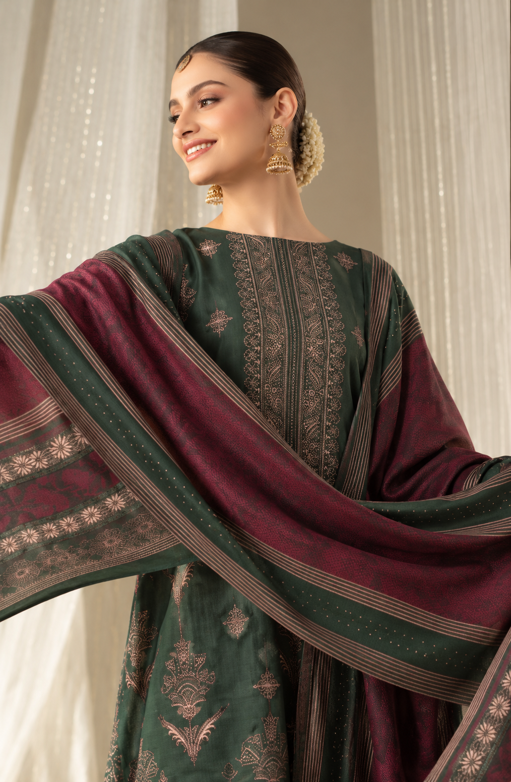 Forest Green embroidered winter Dhanak 3 piece unstitched Pakistani suit – front design | Anaya Haram