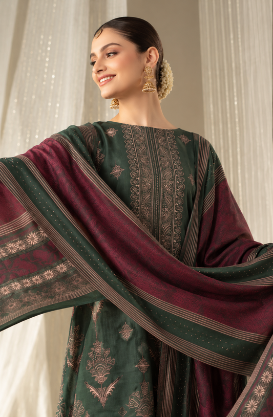 Forest Green embroidered winter Dhanak 3 piece unstitched Pakistani suit – front design | Anaya Haram