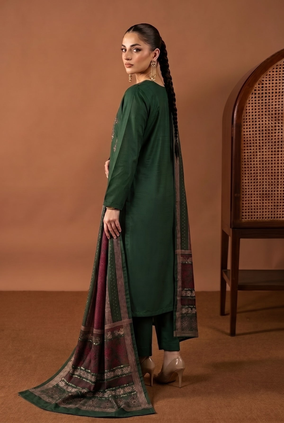 Forest Green embroidered winter Dhanak 3 piece unstitched Pakistani suit – alternate outfit view | Anaya Haram