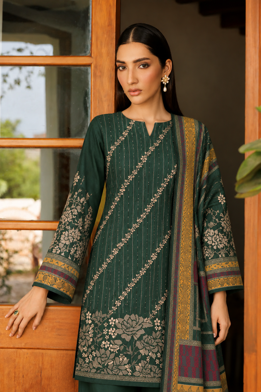 Dark Green Dhanak 3 piece unstitched Pakistani suit back shirt design and dupatta | Anaya Haram
