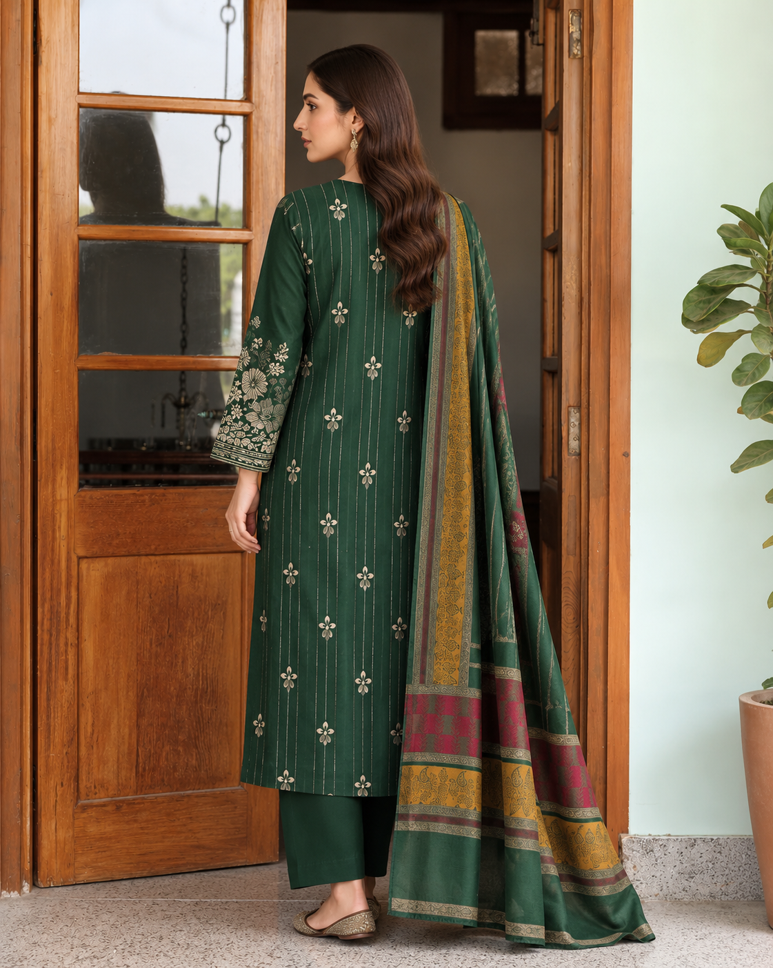 Dark Green Dhanak 3 piece unstitched Pakistani suit close-up of shirt embroidery and sleeve details | Anaya Haram