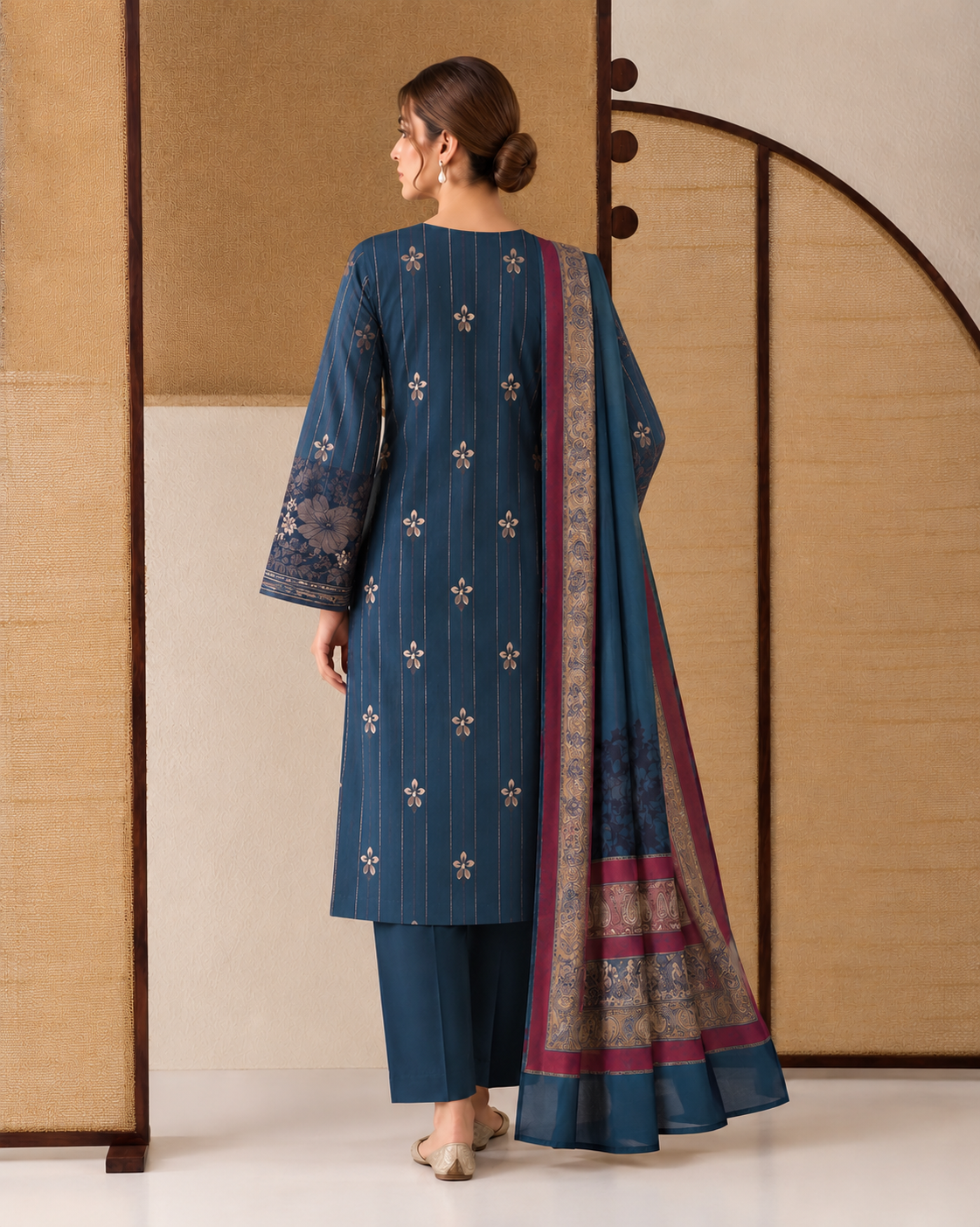 Dark Green Dhanak 3 piece unstitched Pakistani suit front full length view with dupatta | Anaya Haram