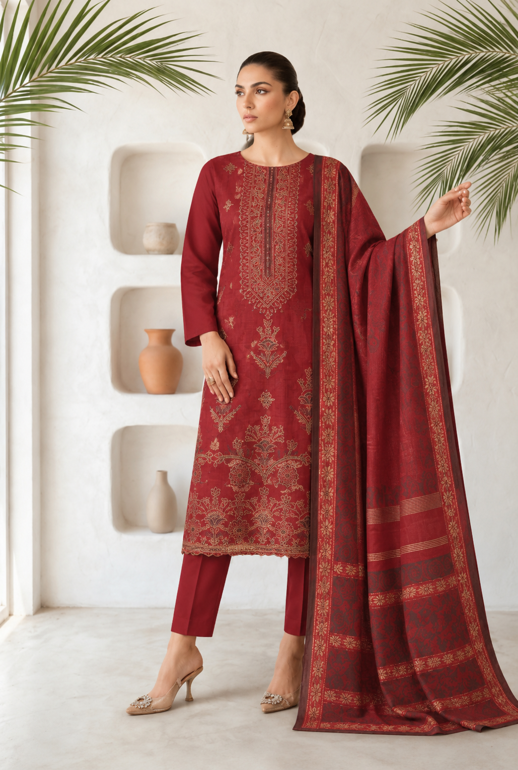 Maroon Red embroidered winter Dhanak 3 piece unstitched Pakistani suit – front design | Anaya Haram