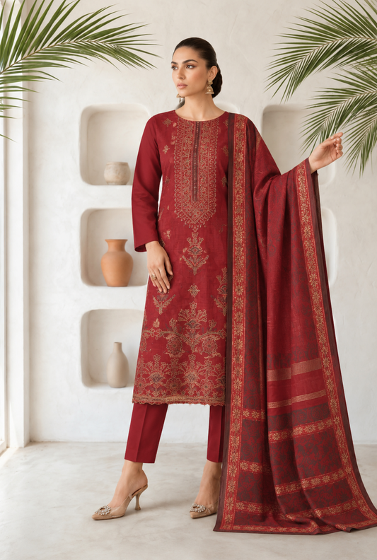 Maroon Red embroidered winter Dhanak 3 piece unstitched Pakistani suit – front design | Anaya Haram