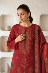 Maroon Red embroidered winter Dhanak 3 piece unstitched Pakistani suit – dupatta and embroidery close-up | Anaya Haram