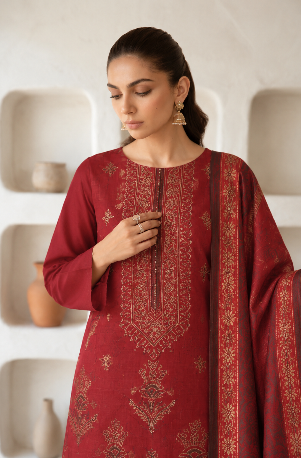 Maroon Red embroidered winter Dhanak 3 piece unstitched Pakistani suit – dupatta and embroidery close-up | Anaya Haram
