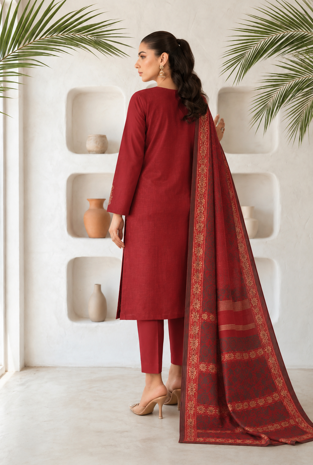 Maroon Red embroidered winter Dhanak 3 piece unstitched Pakistani suit – alternate outfit view | Anaya Haram