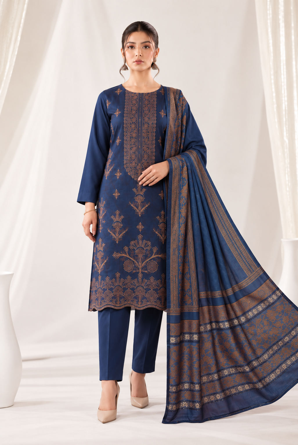 Navy Blue embroidered winter Dhanak 3 piece unstitched Pakistani suit – front design | Anaya Haram